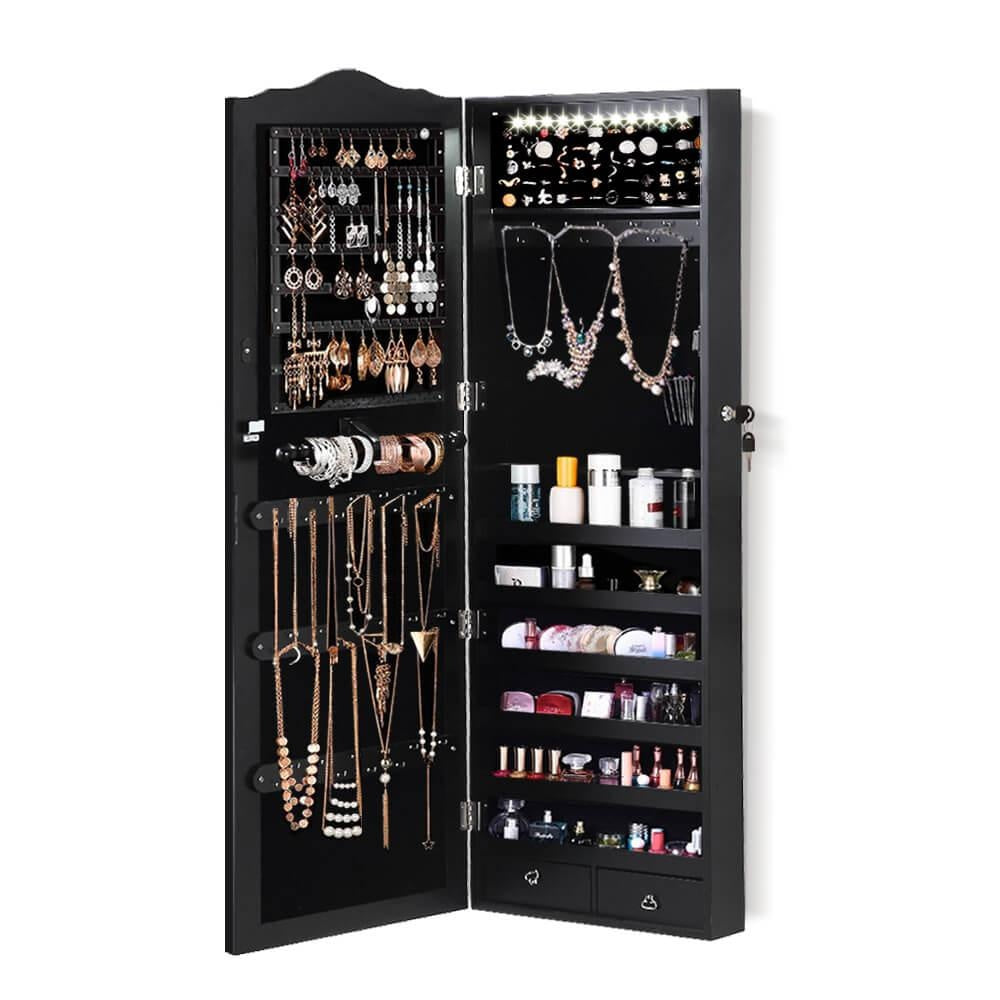 Mirror Jewellery Cabinet Makeup Storage Ear Ring Necklace Box Wall Door Black AU Deals499