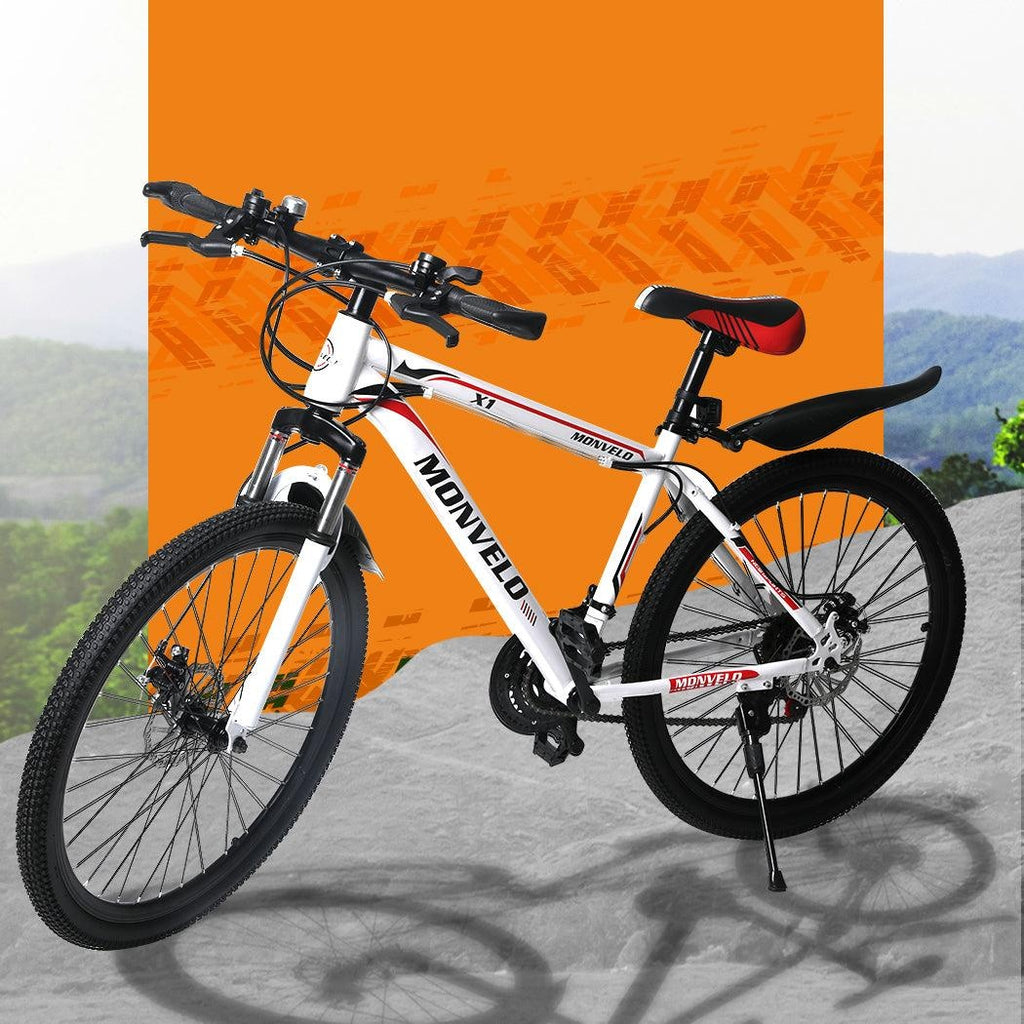 26'' Mountain Bike 21 Speed Bicycle Front Suspension Men Carboon Steel Red Wihte Deals499