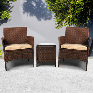 Outdoor Furniture Set Patio Garden 3 Pcs Chair Table Rattan Wicker Cushion Seat Brown Deals499