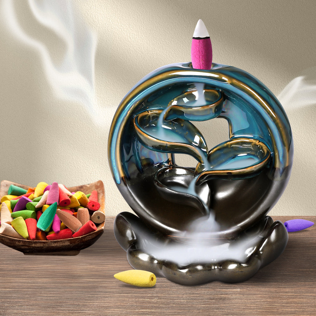 Incense Burner Rounded Waterfall Smoke Backflow Ceramic Cone Holder + 10 Cones Deals499