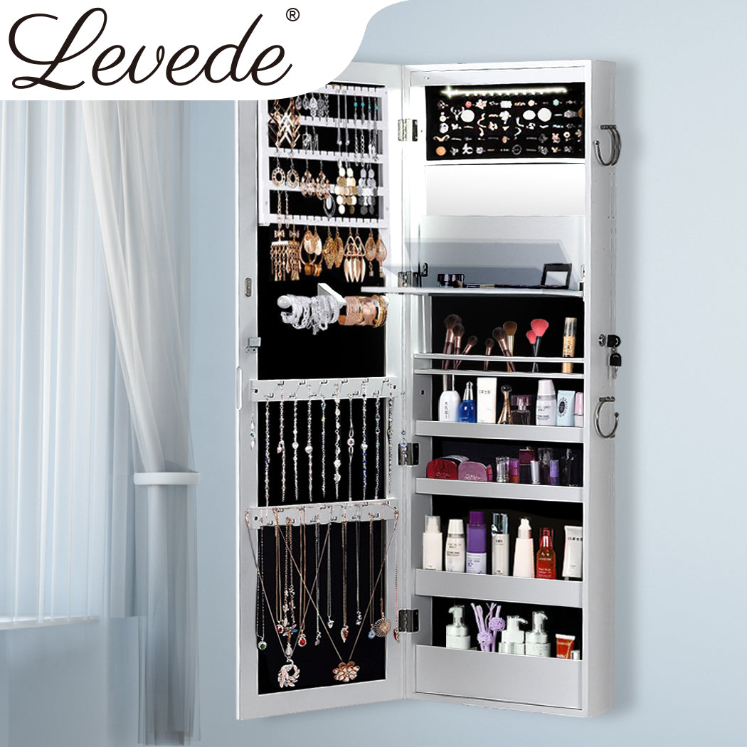 Levede Wall Mounted or Hang Over Mirror Jewellery Cabinet with LED Light White Deals499