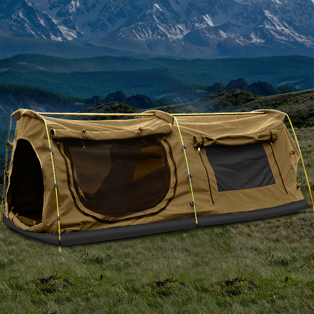 Mountview Double King Swag Camping Swags Canvas Dome Tent Hiking Mattress Khaki Deals499