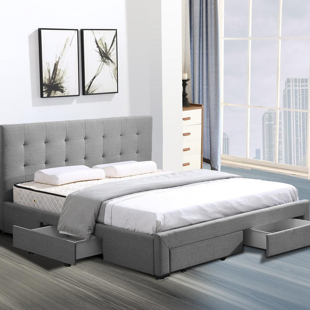 Levede Bed Frame Queen Fabric With Drawers Storage Wooden Mattress Grey Deals499