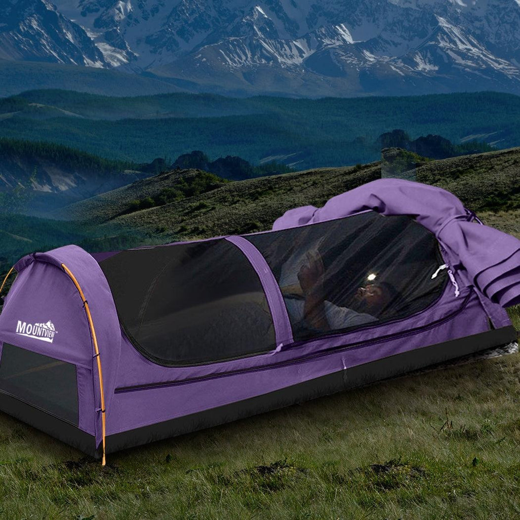 Mountview King Single Swag Camping Swags Canvas Dome Tent Hiking Mattress Purple Deals499