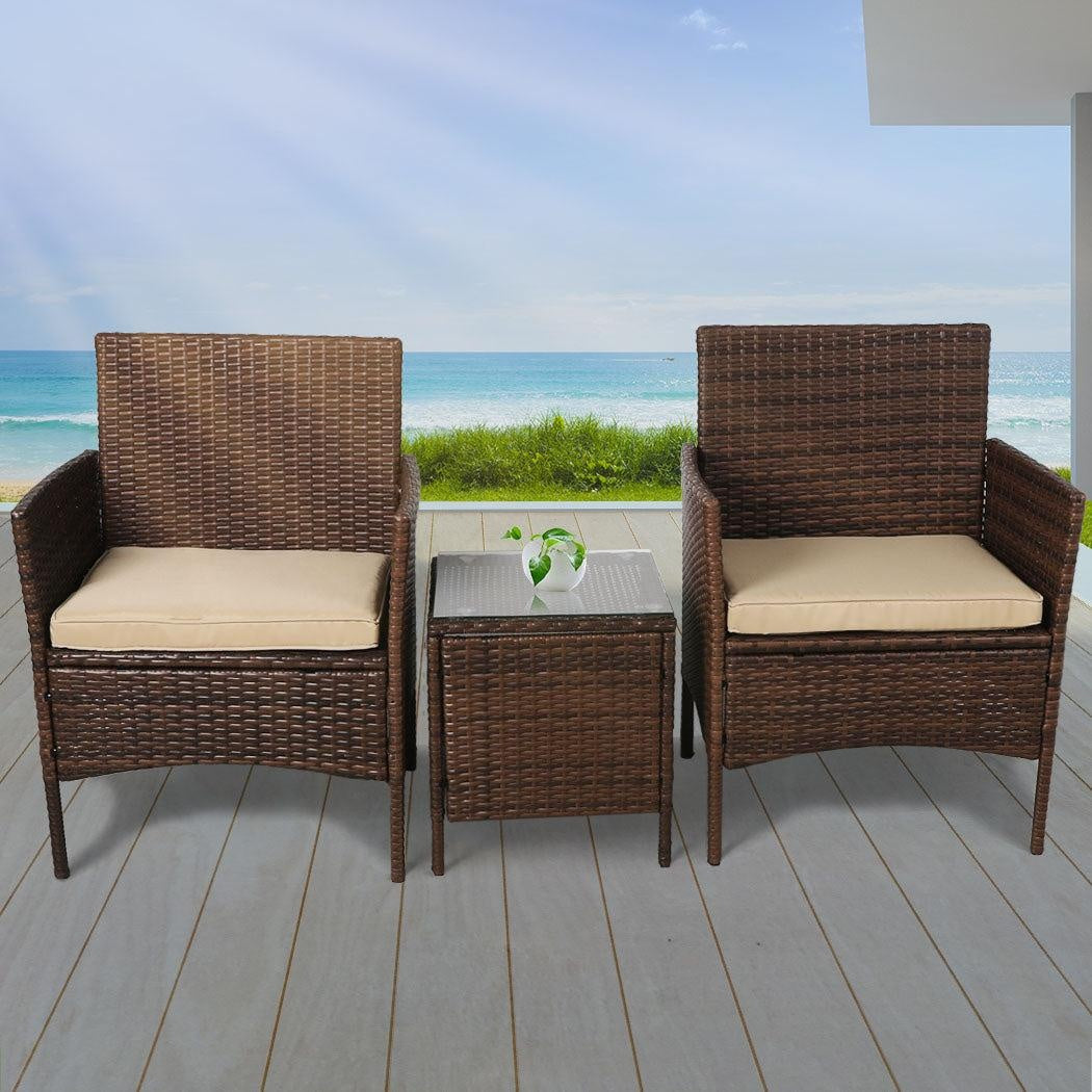 Outdoor Furniture Set Patio Garden 3 Pcs Chair Table Rattan Wicker Cushion Seat Brown Deals499