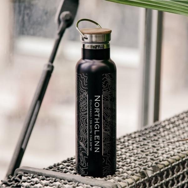Northglenn - Colorado Map Bottle with Bamboo Top in Matte Black Cyan Castor