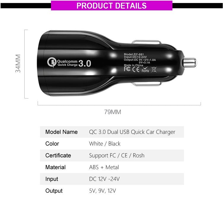 Cedrix Super-fast Charging PD QC3.0 Portable Smart Dual USB Mobile Car Charger Adapter Deals499