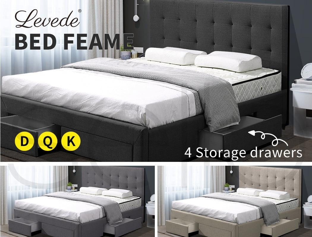 Levede Bed Frame Base With Storage Drawer Mattress Wooden Fabric King Dark Grey Deals499