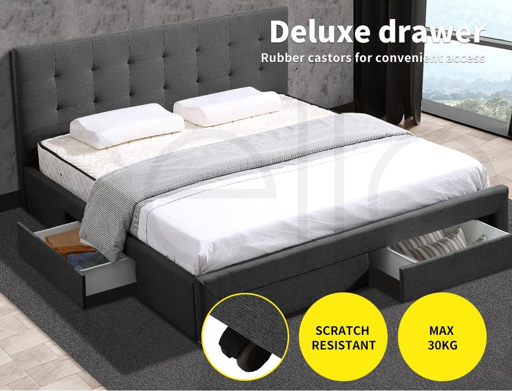 Levede Bed Frame Base With Storage Drawer Mattress Wooden Fabric King Dark Grey Deals499